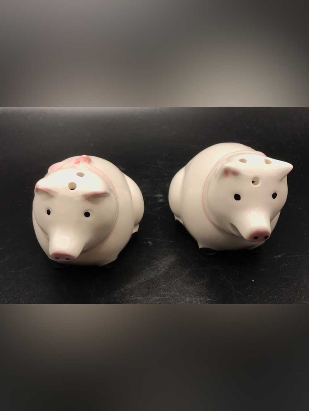 Cute set of pig salt/pepper shakers w pink ribbon/bow ceramic